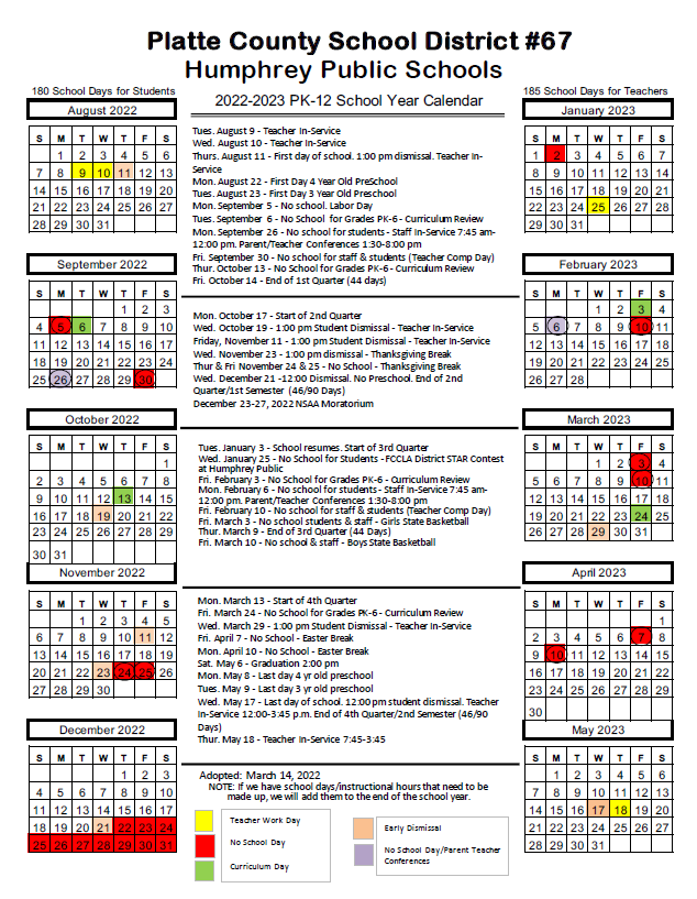 Humphrey Public Schools - School Year Long Calendars